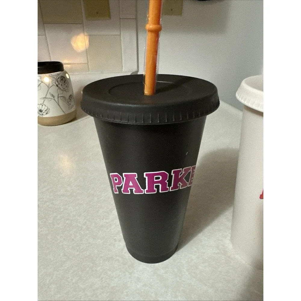 New DD Dunkin Donuts - Parke Tumbler Cup Set of 2 w/Straws *HTF* Black & White